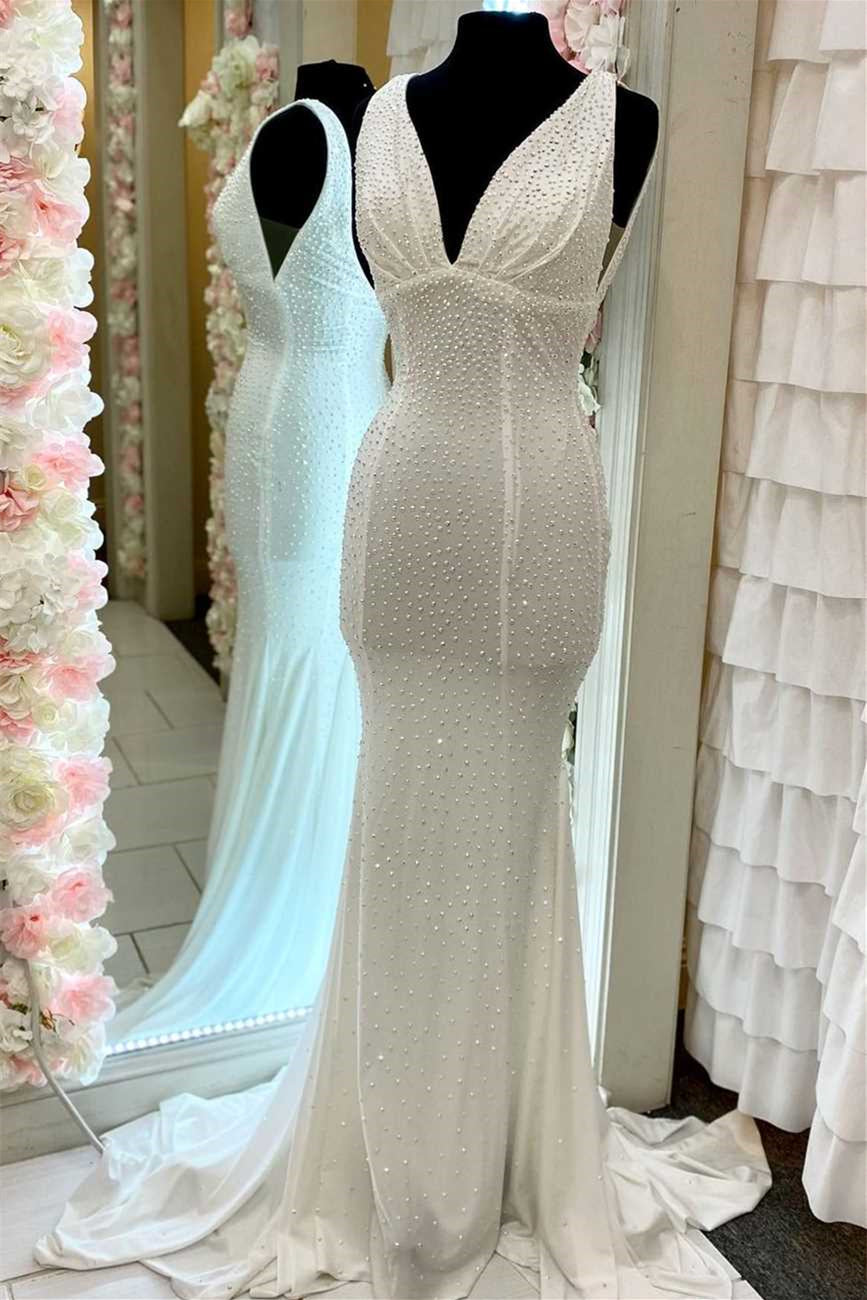 Simple V-Neck Backless Mermaid Long Prom Dress with Appliques