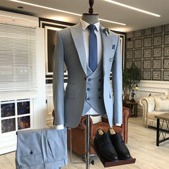 Simple Double-Breasted Blue Bespoke Suit with Three Pieces
