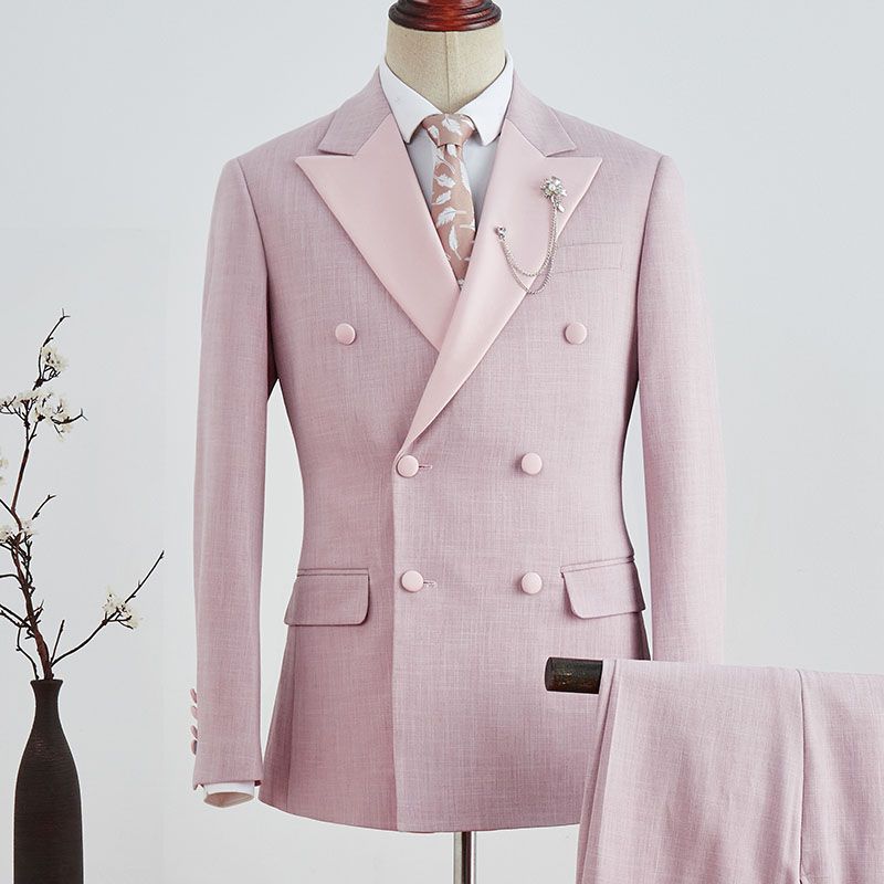 Simple Double-Breasted Pink Marriage Suit with Plaid and Peaked Lapel