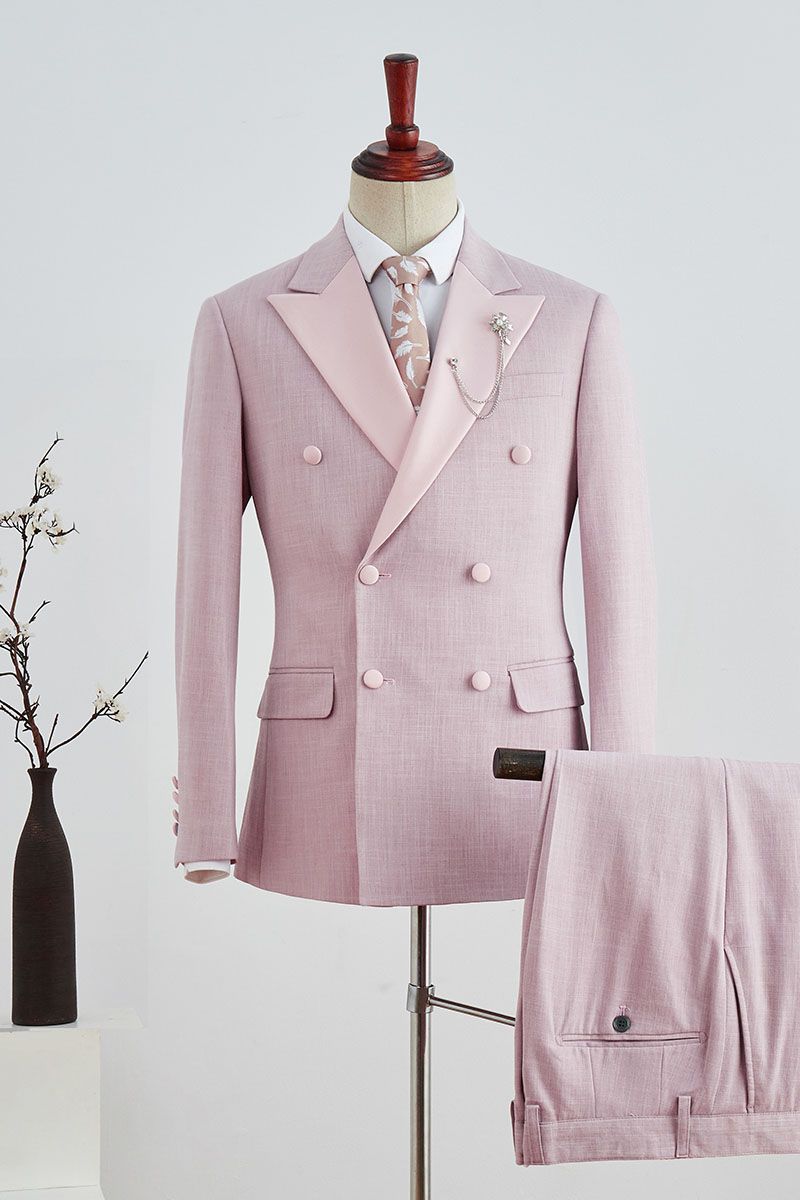 Simple Double-Breasted Pink Marriage Suit with Plaid and Peaked Lapel