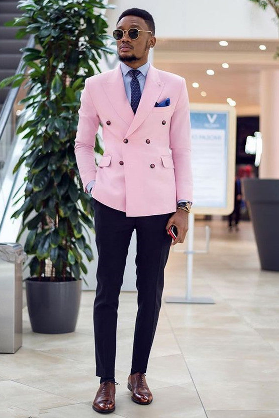 Simple Double-Breasted Pink Prom Suit with Peaked Lapel