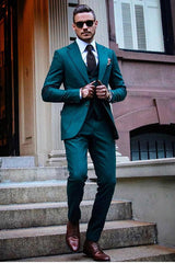 Simple Green Three-Piece Wedding Reception Suit with Notched Lapel for Groom