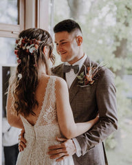 Simple Long A-Line Backless Wedding Dress with V-Neck Lace