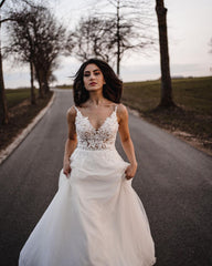 Simple Long A-Line V-Neck Tulle Wedding Dress with Appliques