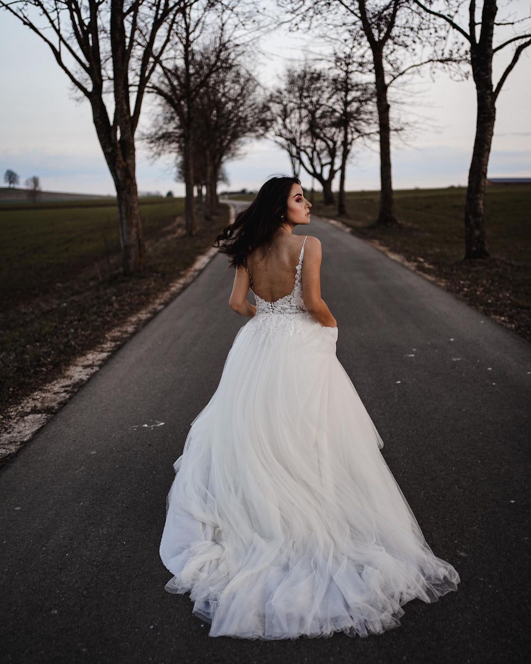 Simple Long A-Line V-Neck Tulle Wedding Dress with Appliques
