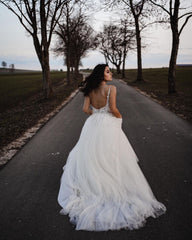 Simple Long A-Line V-Neck Tulle Wedding Dress with Appliques