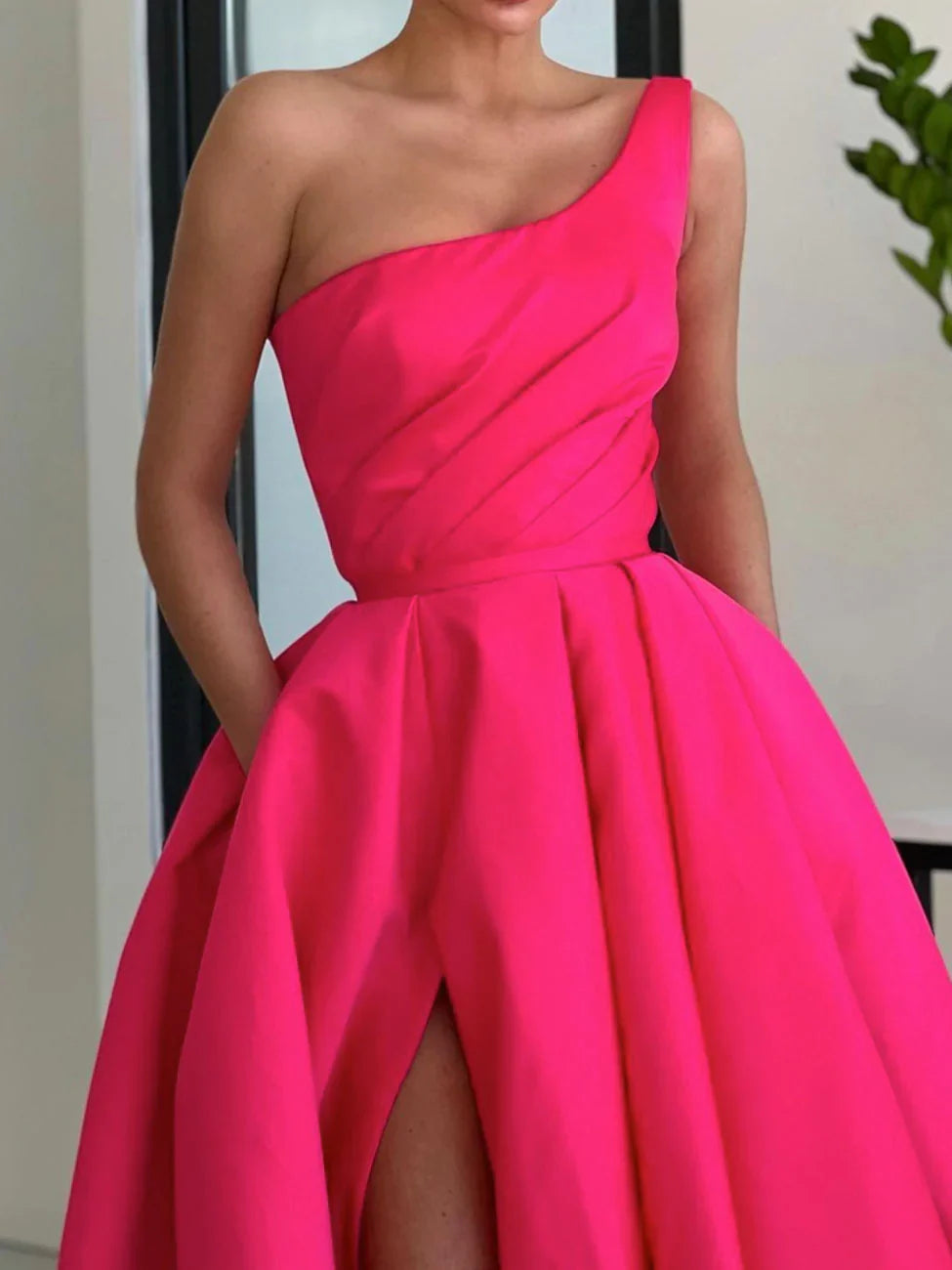 Simple One Shoulder Pink High Slit A-Line Pleated Formal Dress