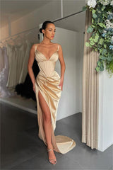 Simple Orange Satin Spaghetti Strap Long Prom Dress with Split
