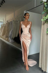 Simple Orange Satin Spaghetti Strap Long Prom Dress with Split