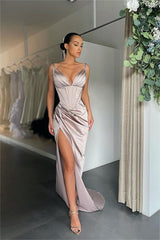Simple Orange Satin Spaghetti Strap Long Prom Dress with Split