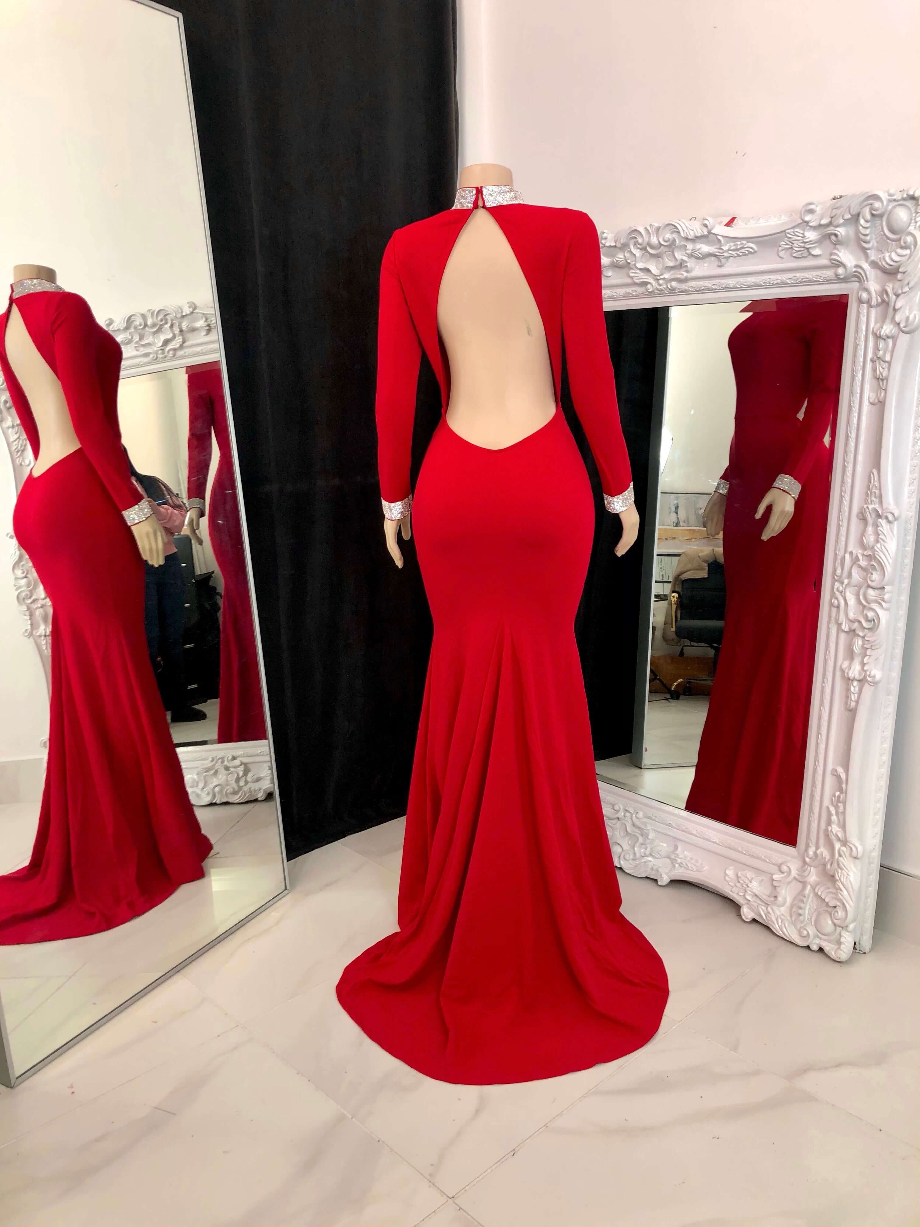 Simple Red Long Sleeve Open Back Mermaid Prom Dress with Ruffles