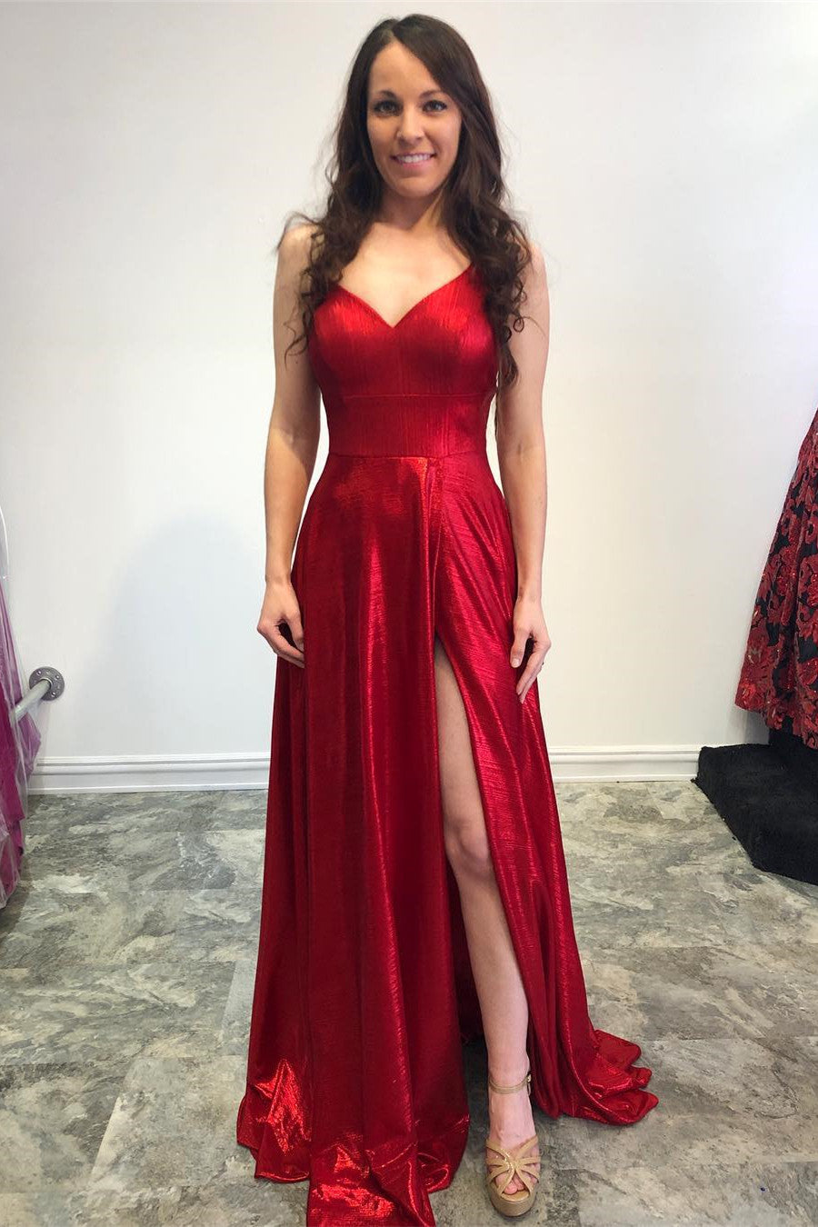 Simple Red Prom Dress - Side Slit Lace-Up Back