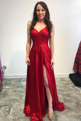 Simple Red Prom Dress - Side Slit Lace-Up Back