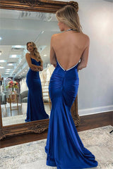 Simple Royal Blue Halter Backless Mermaid Satin Long Prom Dress