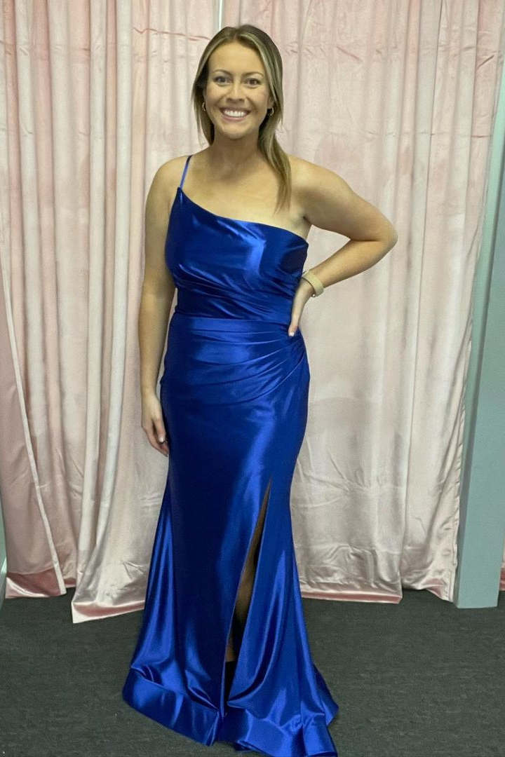 Simple Side Slit Green Satin Long Prom Dress