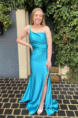 Simple Side Slit Green Satin Long Prom Dress