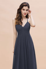 Simple Spaghetti Straps Stormy Chiffon Bridesmaid Dress with Ruffles On Sale-Babyonlines