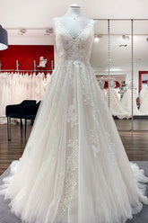 Simple V-Neck Long A-Line Tulle Lace Wedding Dress with Open Back and Appliques