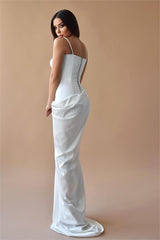 Simple White Spaghetti Strap Long Prom Dress with Split and Pleated