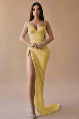 Simple White Spaghetti Strap Long Prom Dress with Split and Pleated