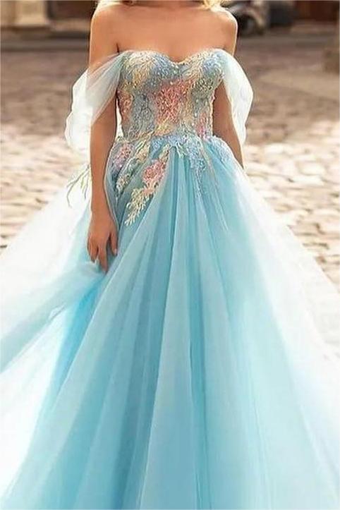 Sky Blue Off the Shoulder Sweetheart A-Line Tulle Long Prom Dress