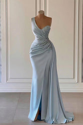 Sky Blue One-Shoulder Luxury Prom Dress Mermaid Split with Ruffles