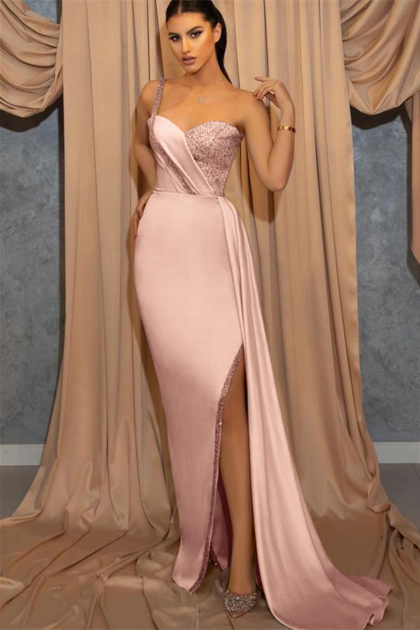 Sky Blue One Shoulder Spaghetti-Strap Mermaid Evening Dress with Sequins