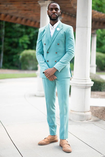 Sky Blue Peaked Lapel Homecoming Suit with Double-Breasted Design for Boys