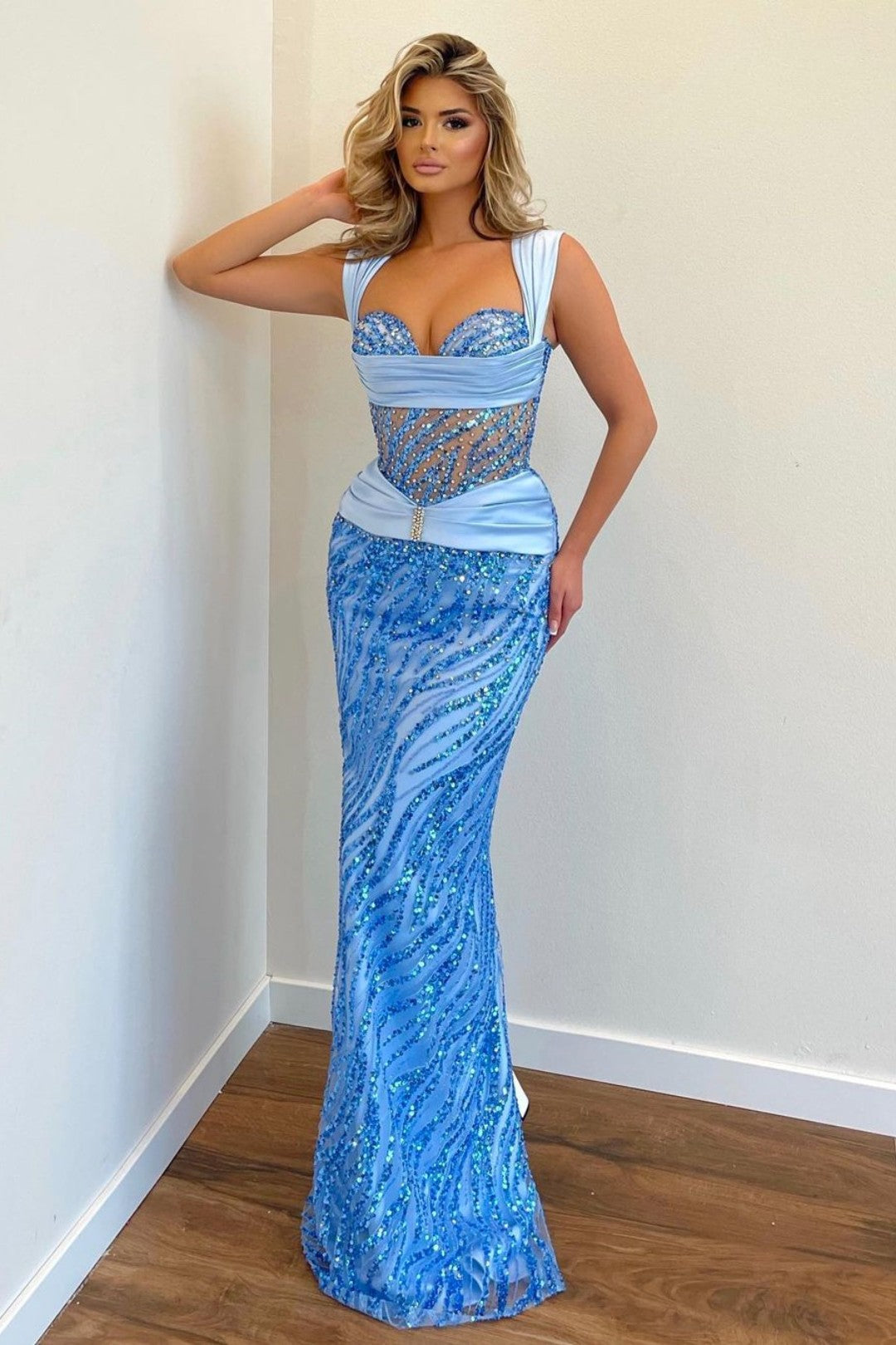 Sky Blue Mermaid Long Prom Dress with Sequins