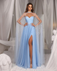 Sky Blue Strapless Sweetheart Tulle Prom Dress with Sequins and Split