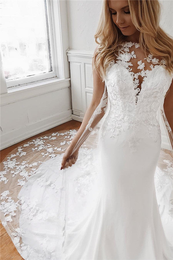 Sleeveless Jewel Lace Appliques Mermaid Wedding Dresses