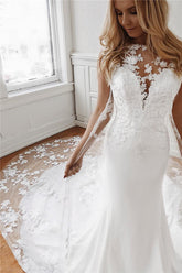 Sleeveless Jewel Lace Appliques Mermaid Wedding Dresses