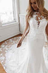 Sleeveless Jewel Lace Appliques Mermaid Wedding Dresses