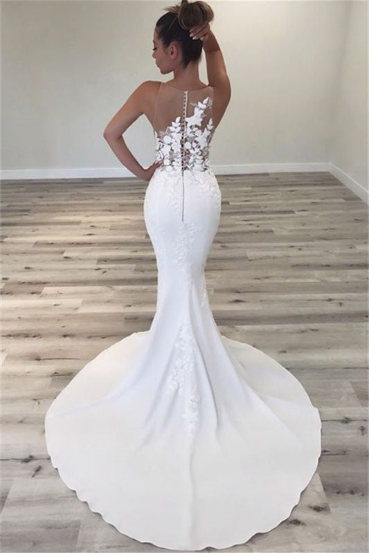 Sleeveless Jewel Long Mermaid Wedding Dress with Lace Appliques
