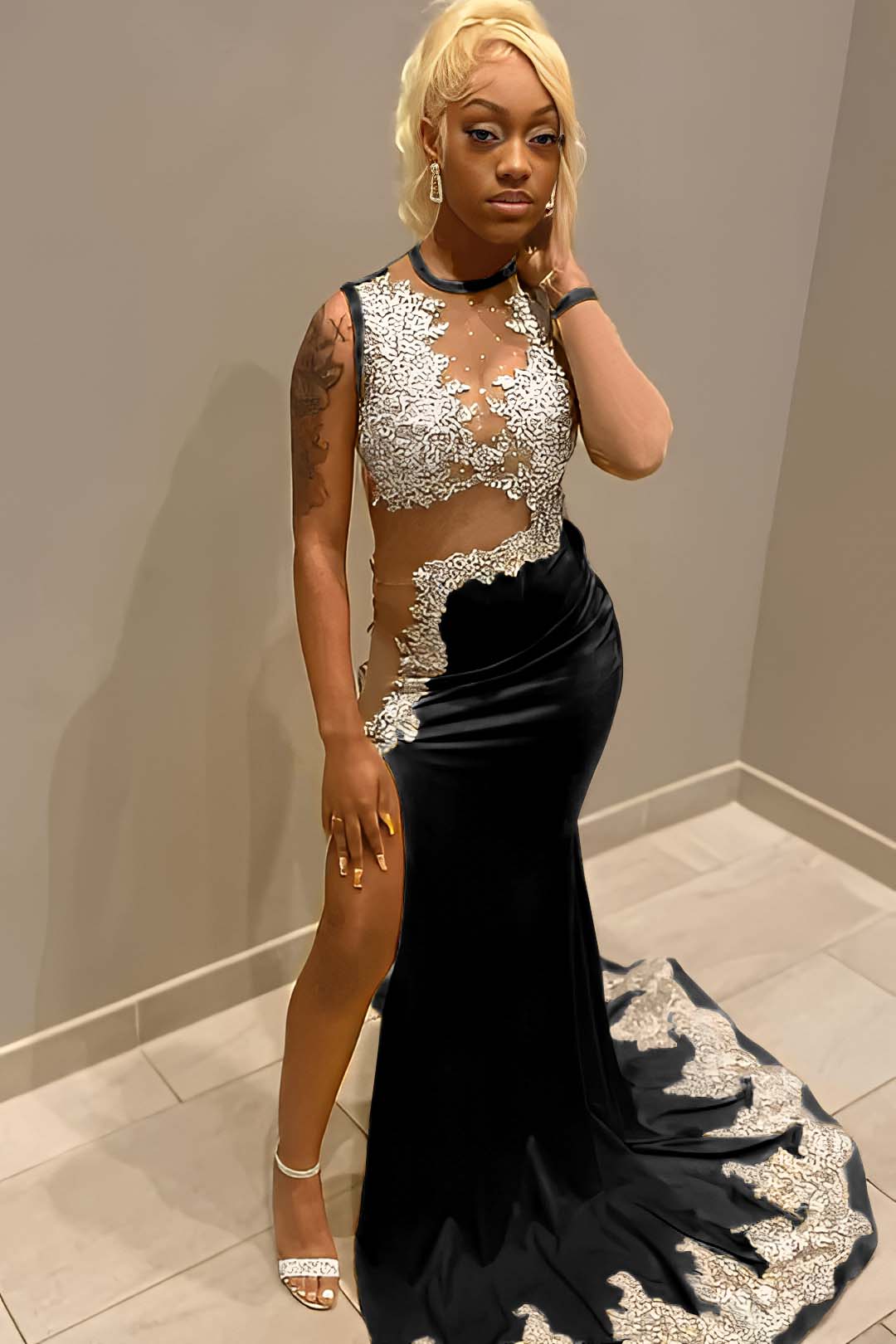 Jewel Neck Mermaid Long Prom Dress with Split and Appliques