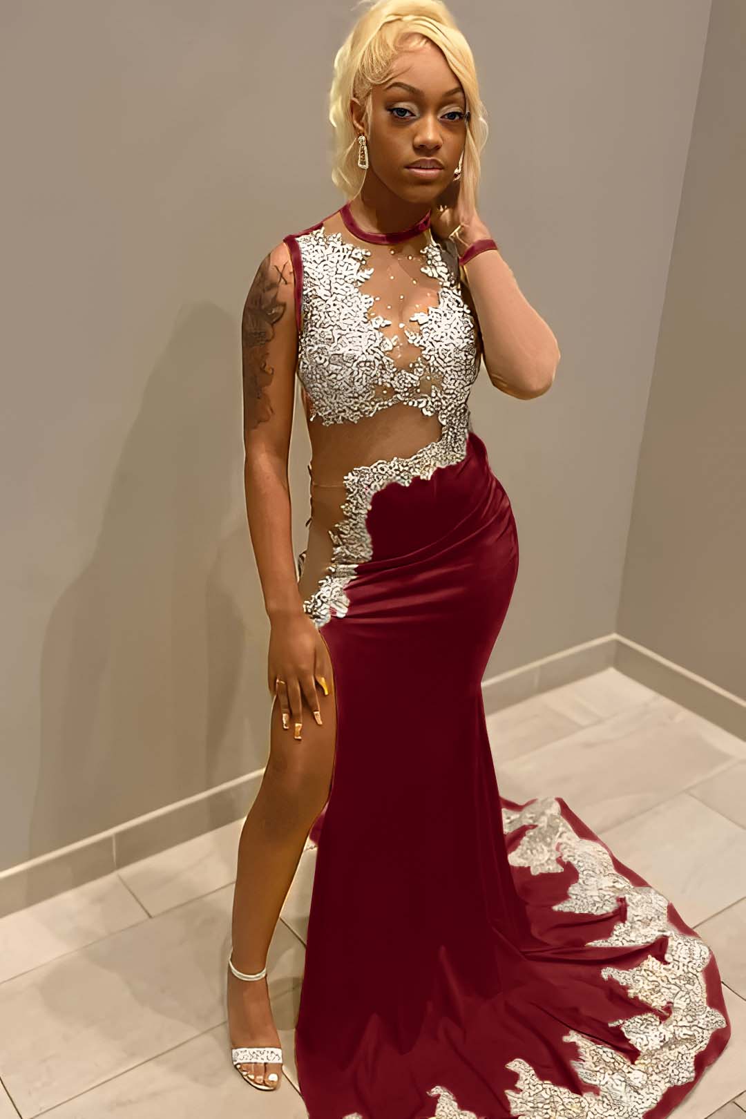 Jewel Neck Mermaid Long Prom Dress with Split and Appliques