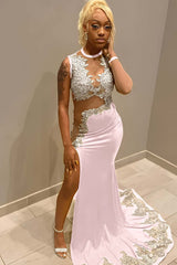 Jewel Neck Mermaid Long Prom Dress with Split and Appliques