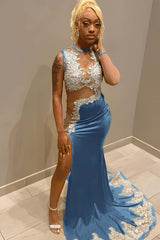 Jewel Neck Mermaid Long Prom Dress with Split and Appliques