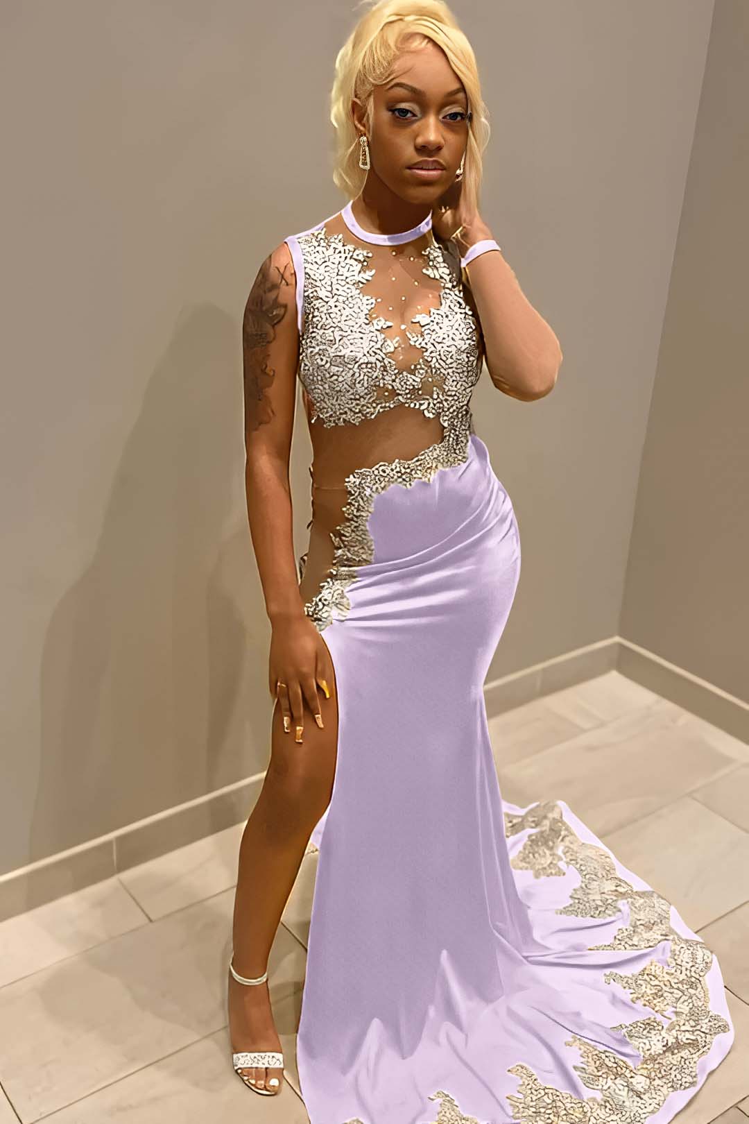 Jewel Neck Mermaid Long Prom Dress with Split and Appliques