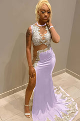 Jewel Neck Mermaid Long Prom Dress with Split and Appliques