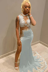 Jewel Neck Mermaid Long Prom Dress with Split and Appliques