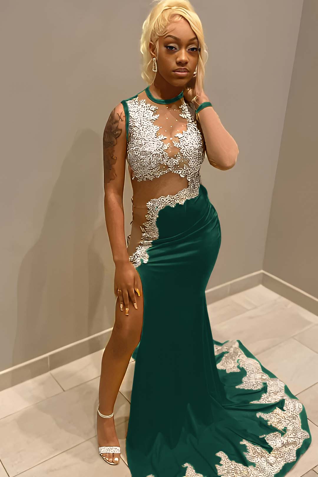 Jewel Neck Mermaid Long Prom Dress with Split and Appliques