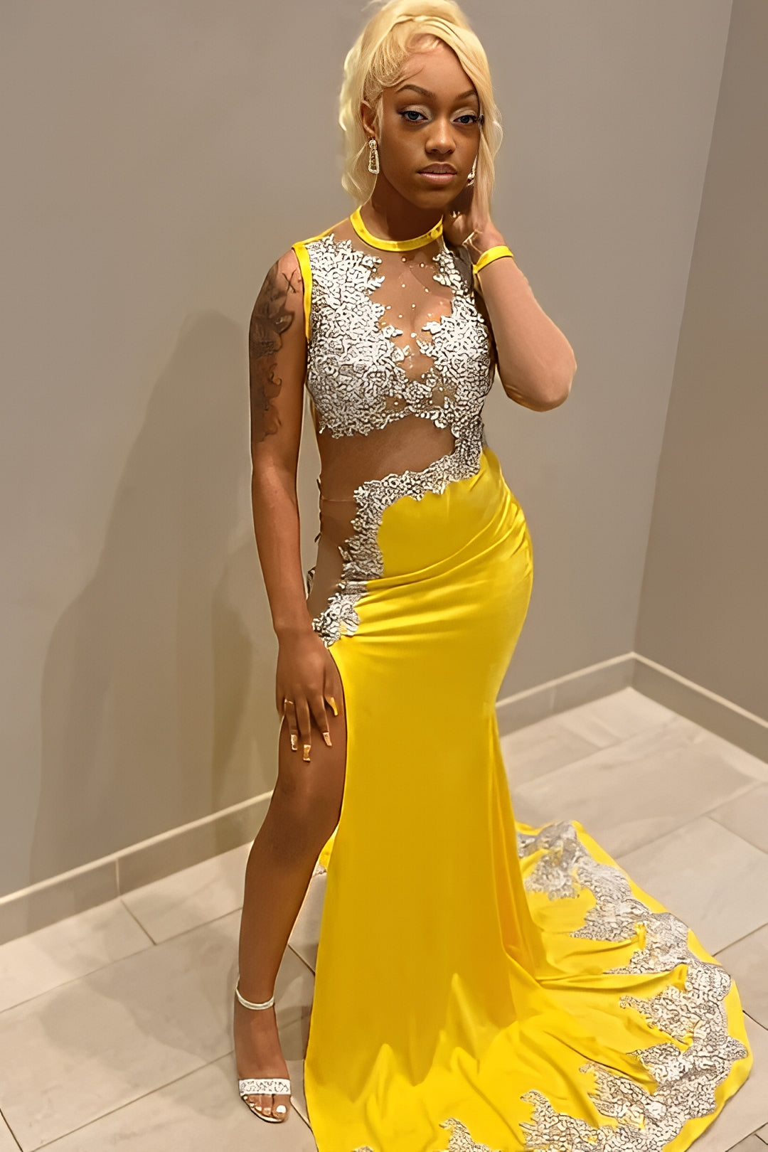 Jewel Neck Mermaid Long Prom Dress with Split and Appliques