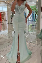 Sleeveless Mermaid Long Prom Dress with Front Split and Beading