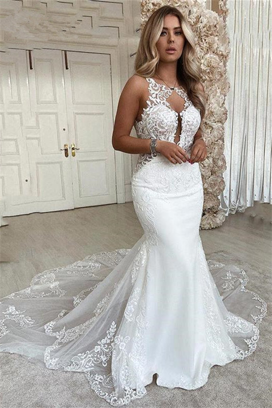 Sleeveless Long Mermaid Wedding Dress with Lace Appliques