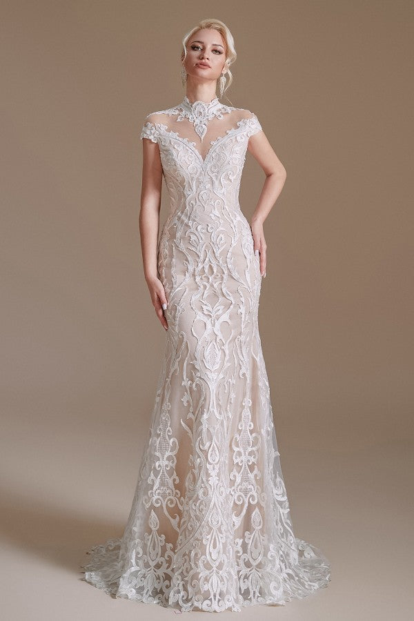 Sleeveless Mermaid Wedding Dress High-neck Lace With Sleeves