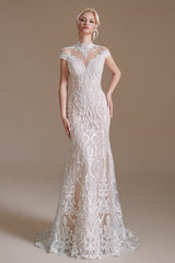 Sleeveless Mermaid Wedding Dress High-neck Lace With Sleeves