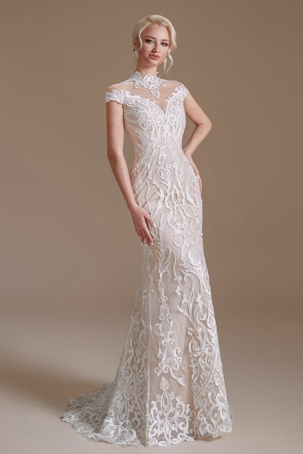 Sleeveless Mermaid Wedding Dress High-neck Lace With Sleeves