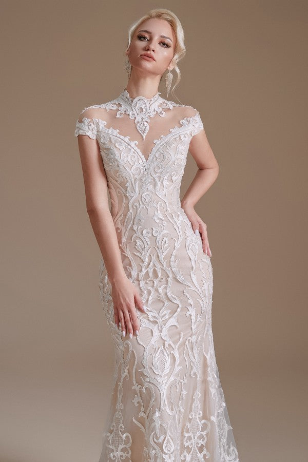 Sleeveless Mermaid Wedding Dress High-neck Lace With Sleeves