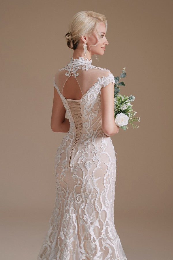 Sleeveless Mermaid Wedding Dress High-neck Lace With Sleeves